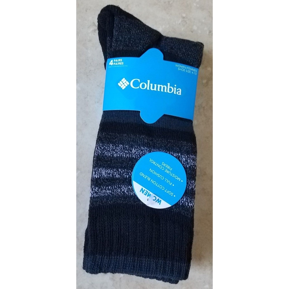 Columbia Women Crew Socks 4pk Moisture‎ Control Fits Shoe Sz 4-10 Black NEW